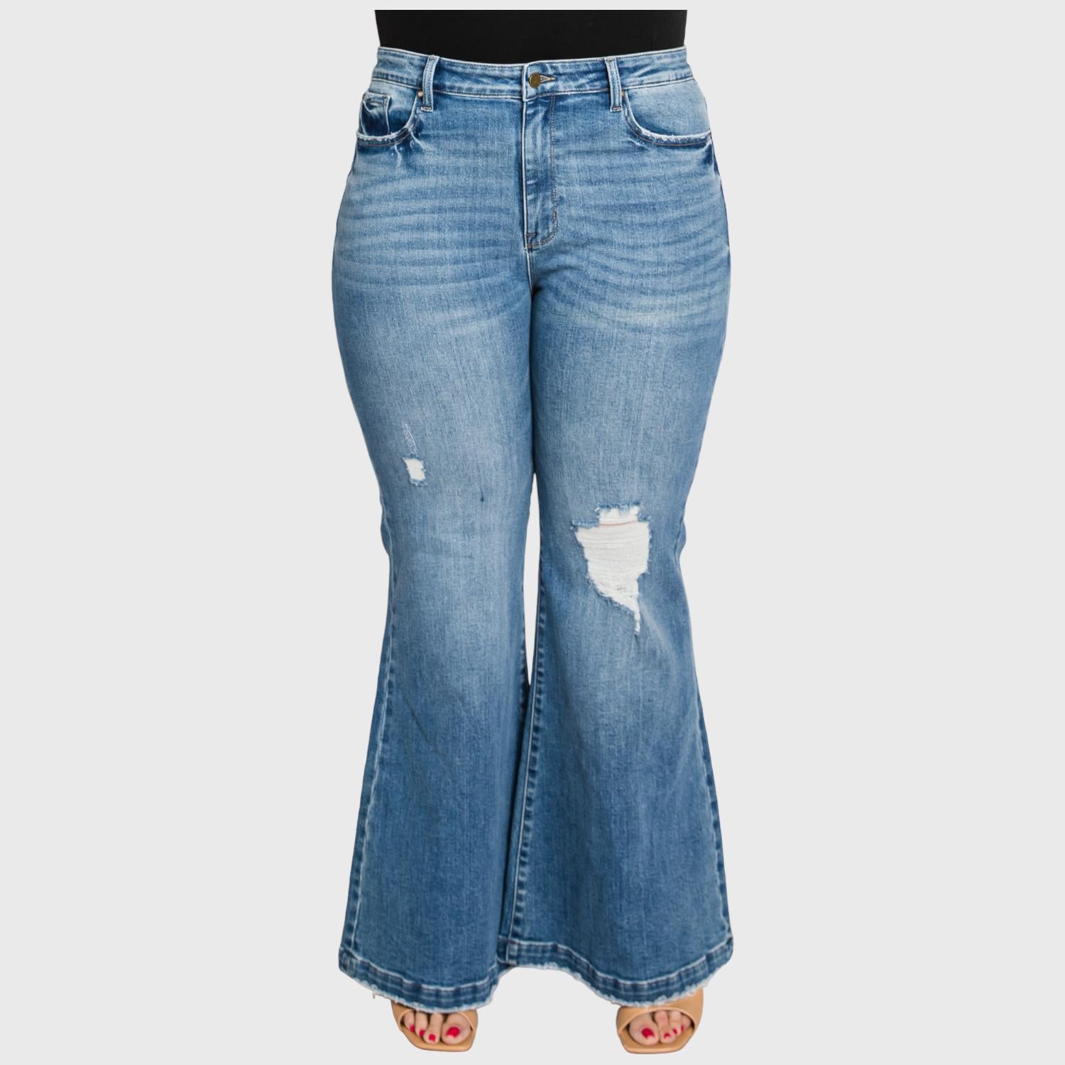 Petra153 - Super High Rise 70's Inspired Flare Jeans - Plus