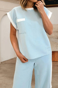 Shewin - Contrast Trim Pocketed Boxy Tank Wide Leg Pant Set