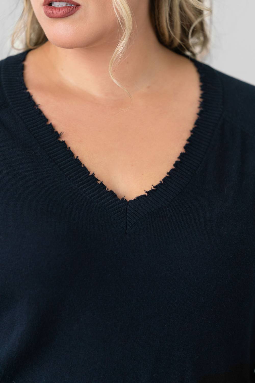 Minnie Rose - Distressed Long Sleeve V-neck Sweater - Plus Size