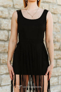Lucky & Blessed - Suede Fringe Mini Dress With Whipstitch Detail