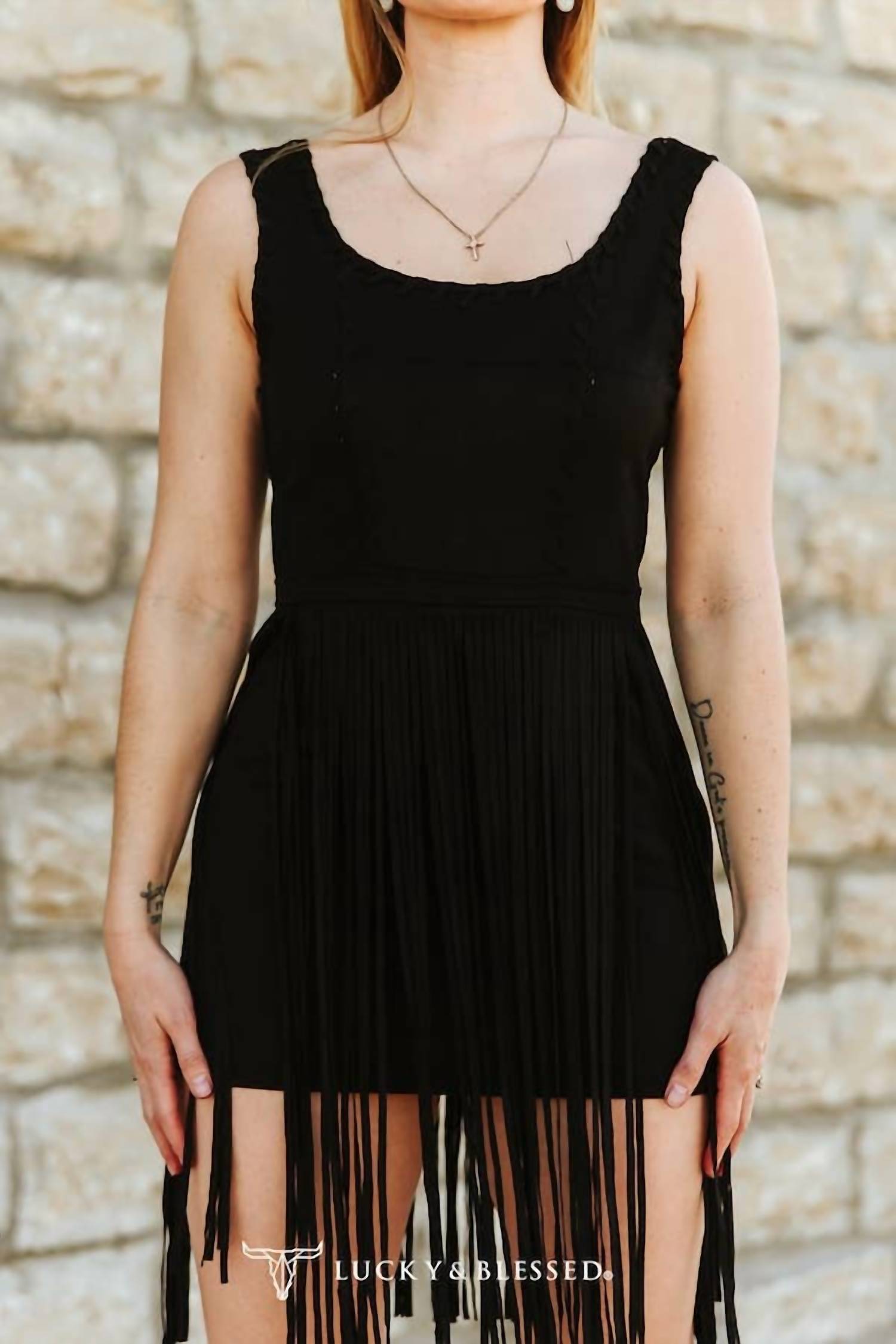 Lucky & Blessed - Suede Fringe Mini Dress With Whipstitch Detail