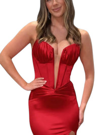 JOVANI Strapless Fitted Satin Gown With Corset And Train in red - women's dress - detail view
