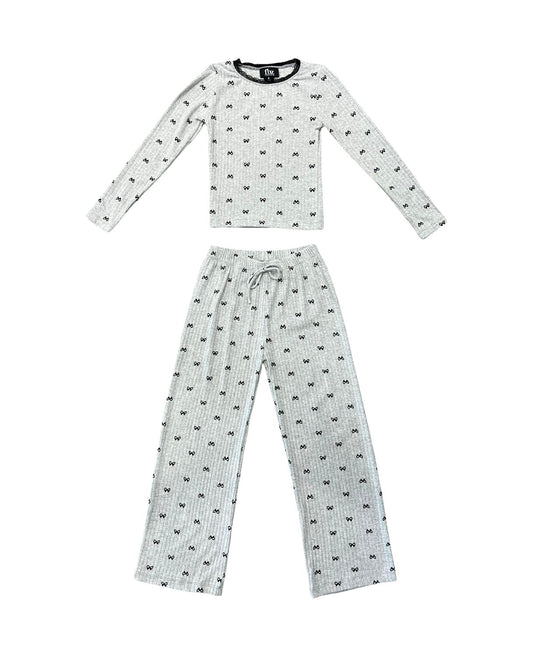 Flowers By Zoe - Girl's Ribbed With Bows Lace Trim Lounge Set