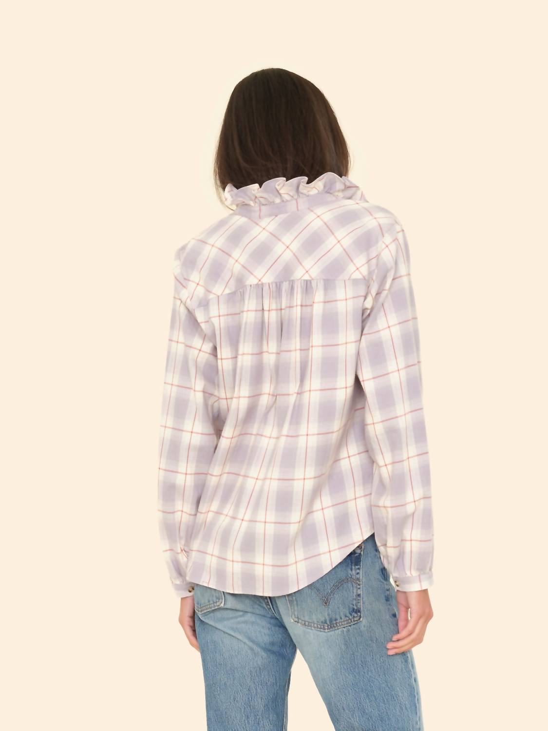 XIRENA Caspian Check Top in grey mist - women's shirt - detail view