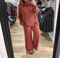 Dear Scarlett Lavish Raised Ribbed Button Trim Set in rust - women's sleepwear - detail view
