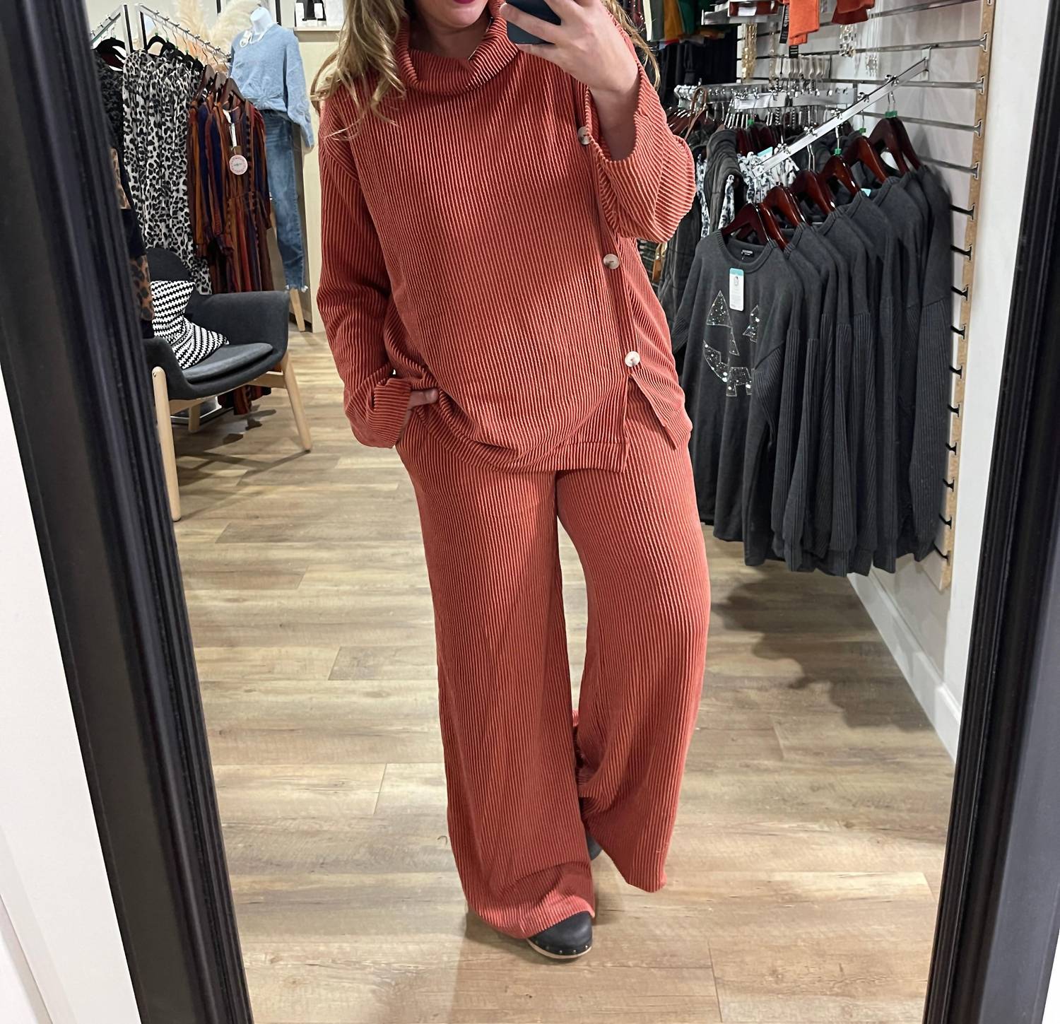 Dear Scarlett Lavish Raised Ribbed Button Trim Set in rust - women's sleepwear - detail view