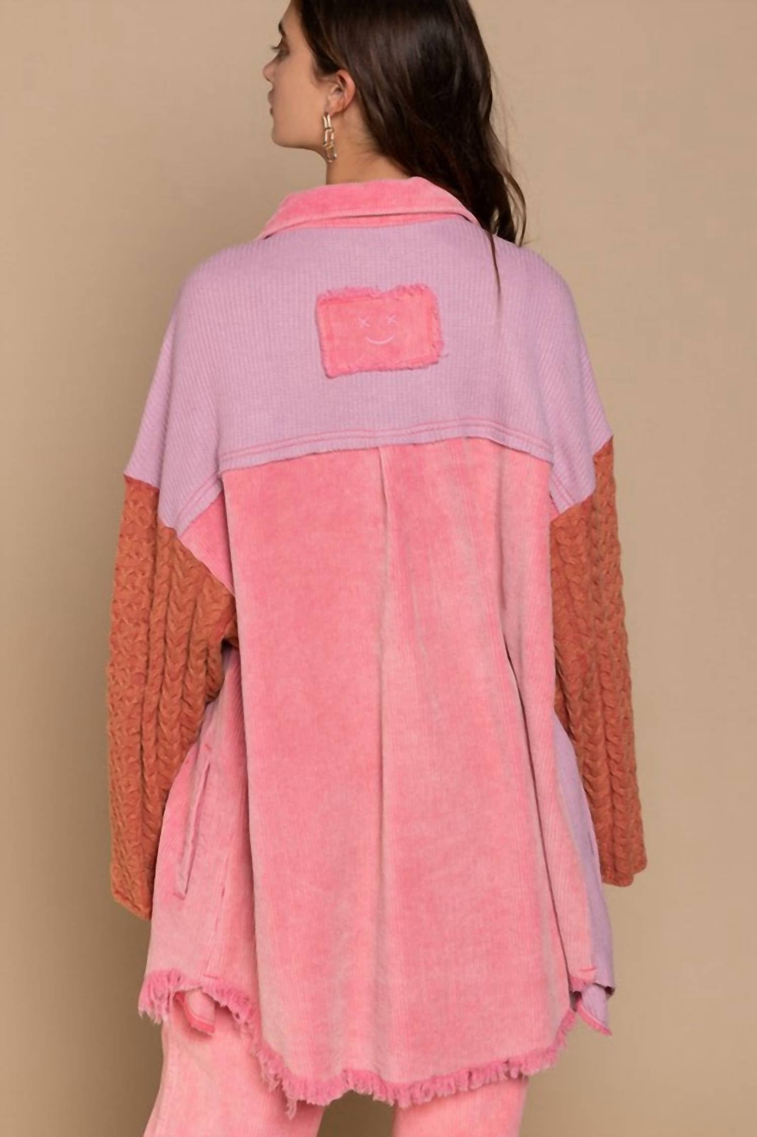 Pol - Mixed Media Sweater Sleeve Shacket - Plus