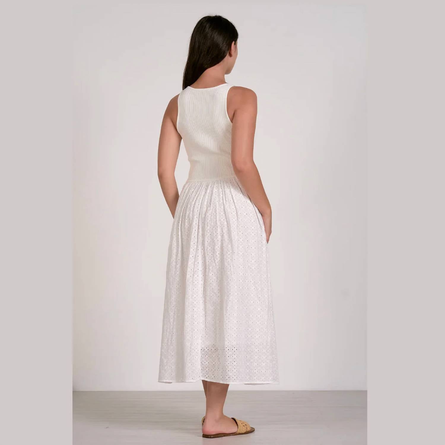 Elan - Mixed Media Eyelet Ribbed Maxi Dress