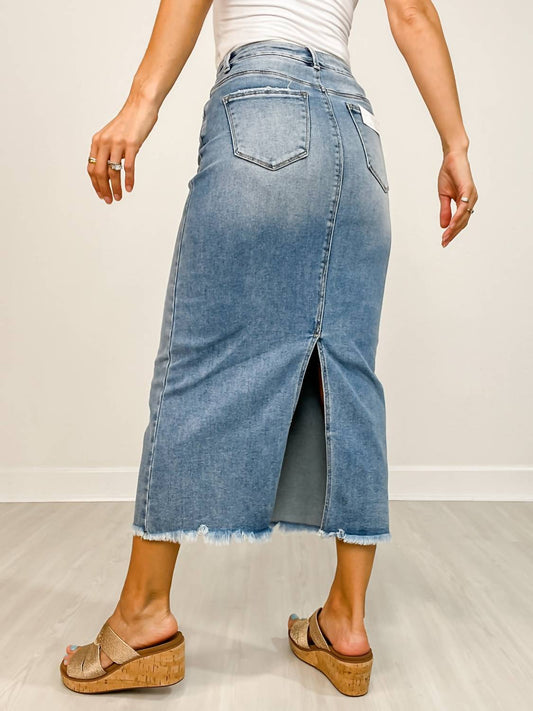 Risen - High-rise Frayed Long Denim Pencil Skirt