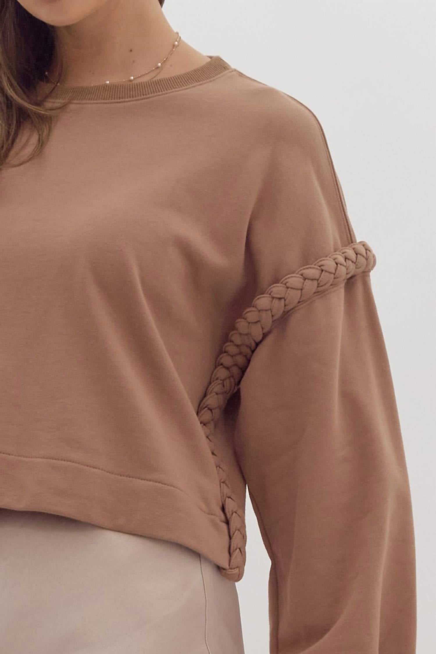 entro Braided Pullover Top in mocha - women's long sleeve top - alternate view