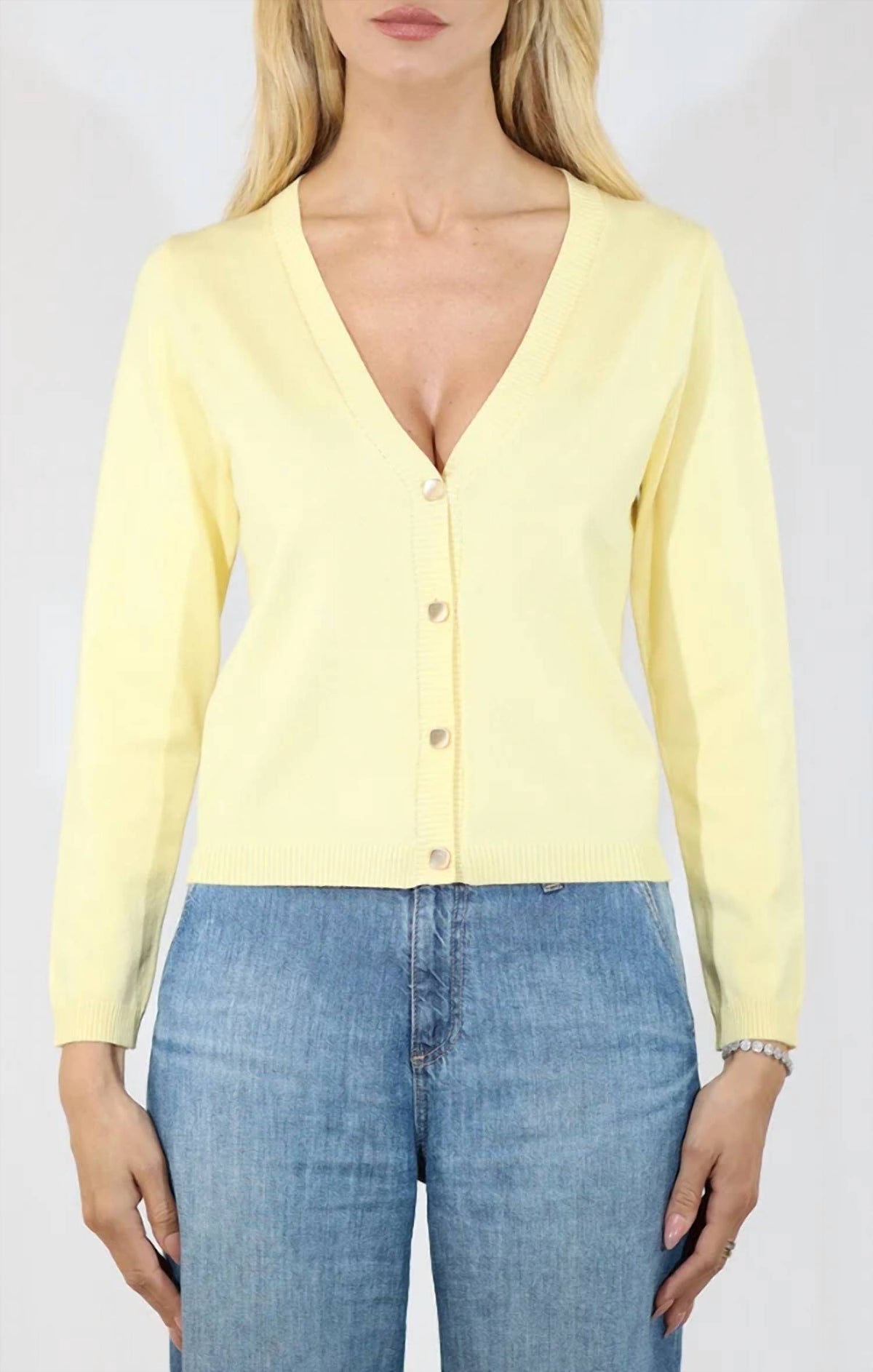 Metric Knits - V Neck Long Sleeve Crop Cardigan with Square Buttons