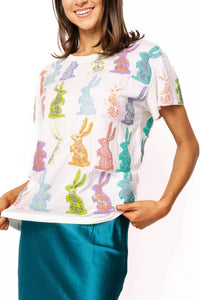 QUEEN OF SPARKLES Easter Bunny Tee in white multi - women's t-shirt