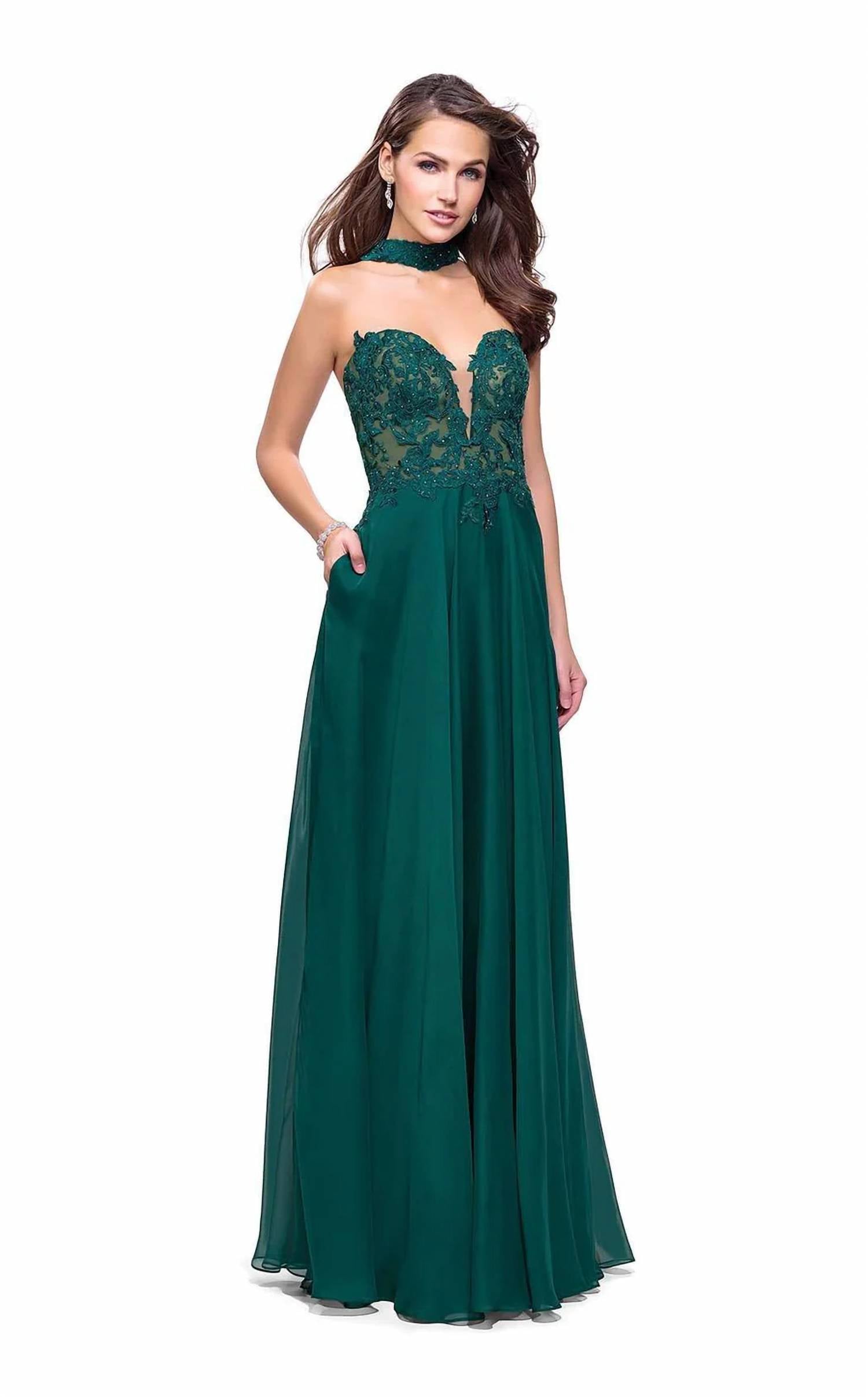 La Femme - Strapless Lace Detail Evening Gown