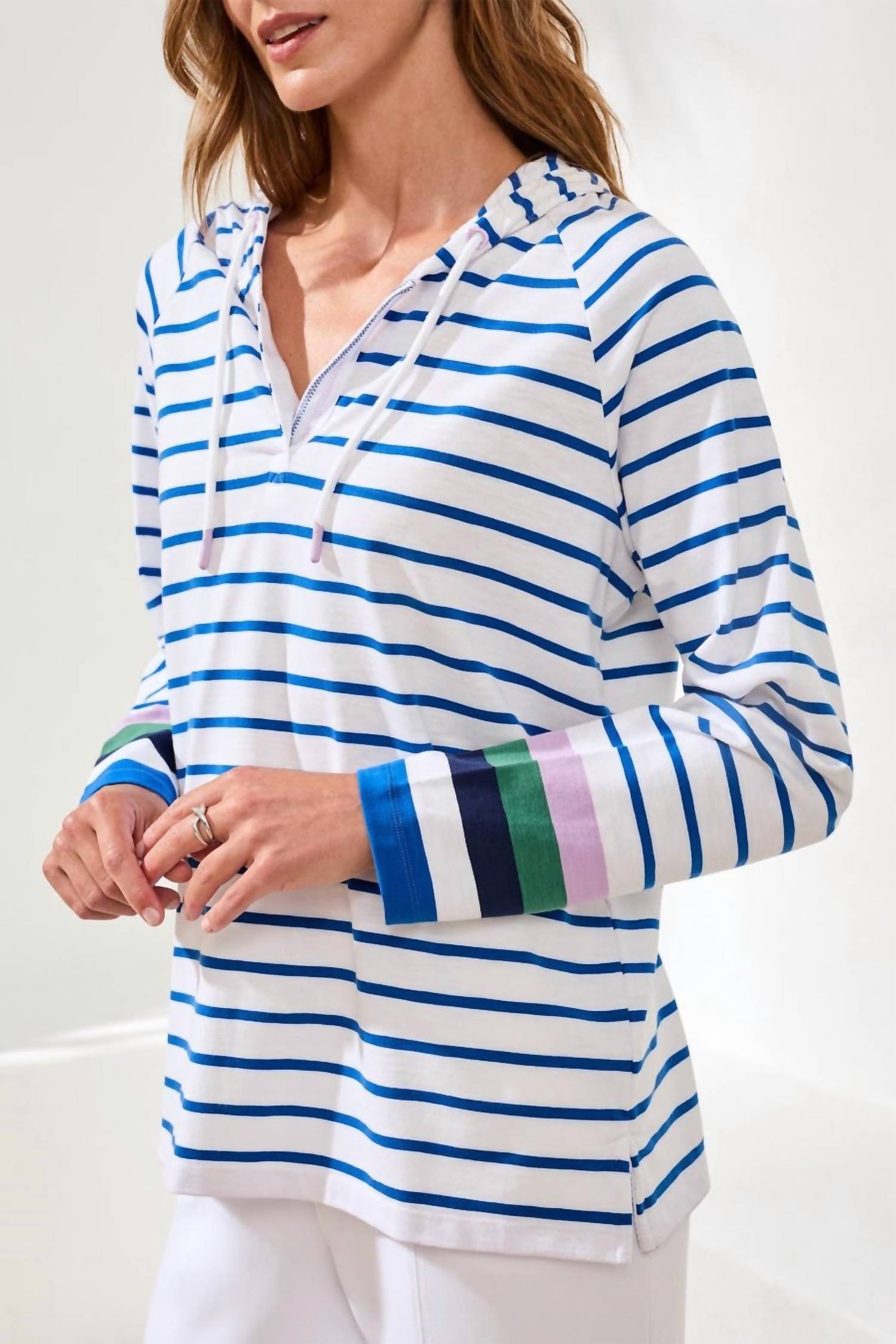 Tribal - Slub Knit Striped V Neck Long Sleeve Hoodie