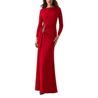 Teri Jon Long Sleeve Ruched Gown in red - women's dress
