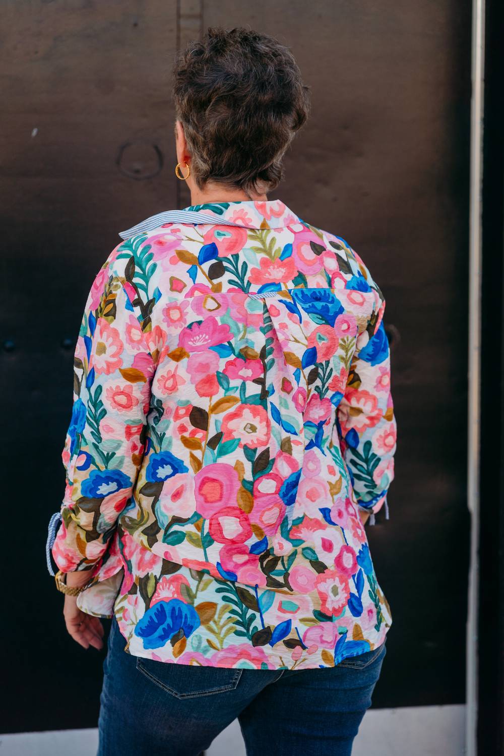 John Mark - Floral Print Button Front Patch & Roll Tab Sleeve