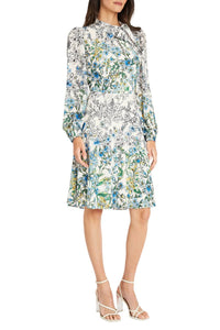 Maggy London - Long Sleeve Tie Neck Floral Dress