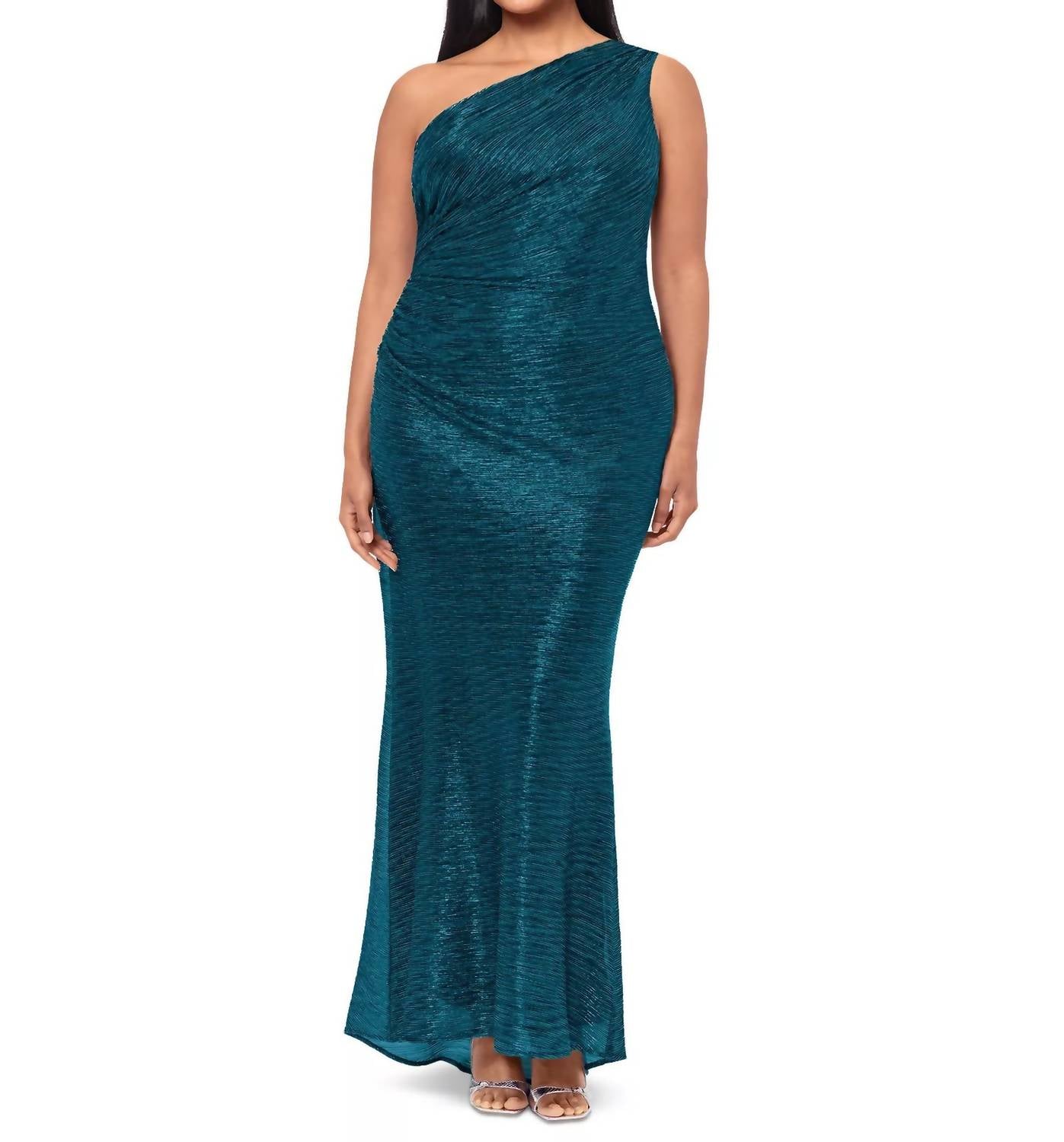 Betsy & Adam Metallic One-shoulder Gown in teal - women's dress