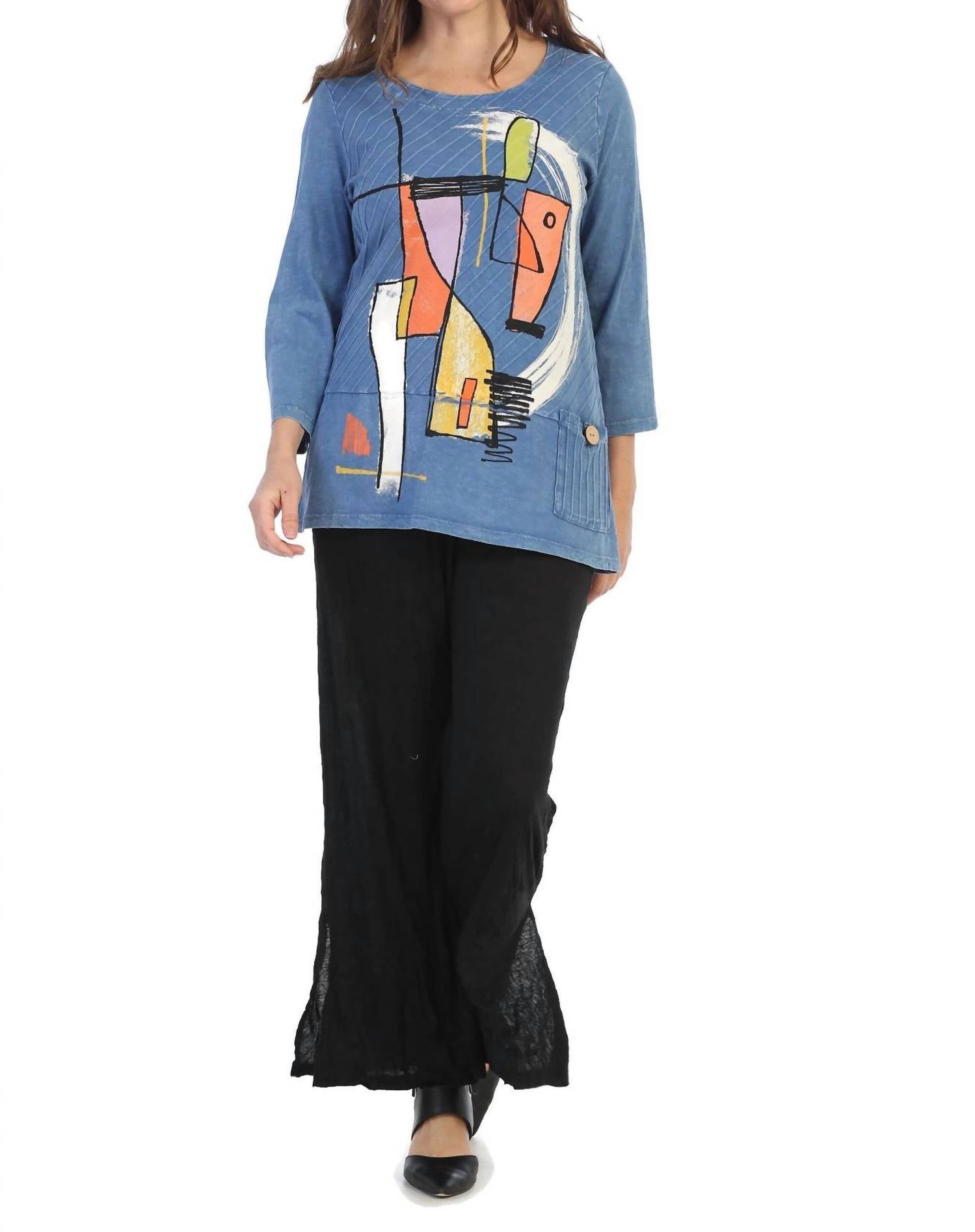 Jess & Jane - Modern Art Mineral Washed Wide Rib Contrast Tunic Top