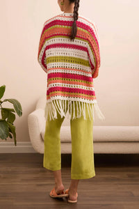 Tribal - Tae Three Quarter Sleeve Open Front Crochet Sweater Wth Fringe