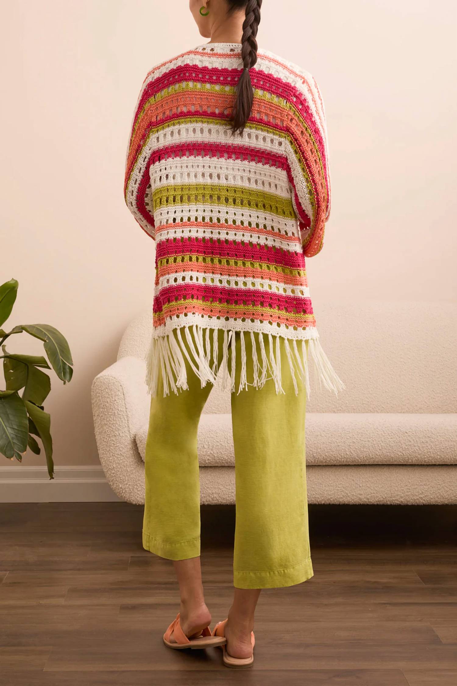 Tribal - Tae Three Quarter Sleeve Open Front Crochet Sweater Wth Fringe