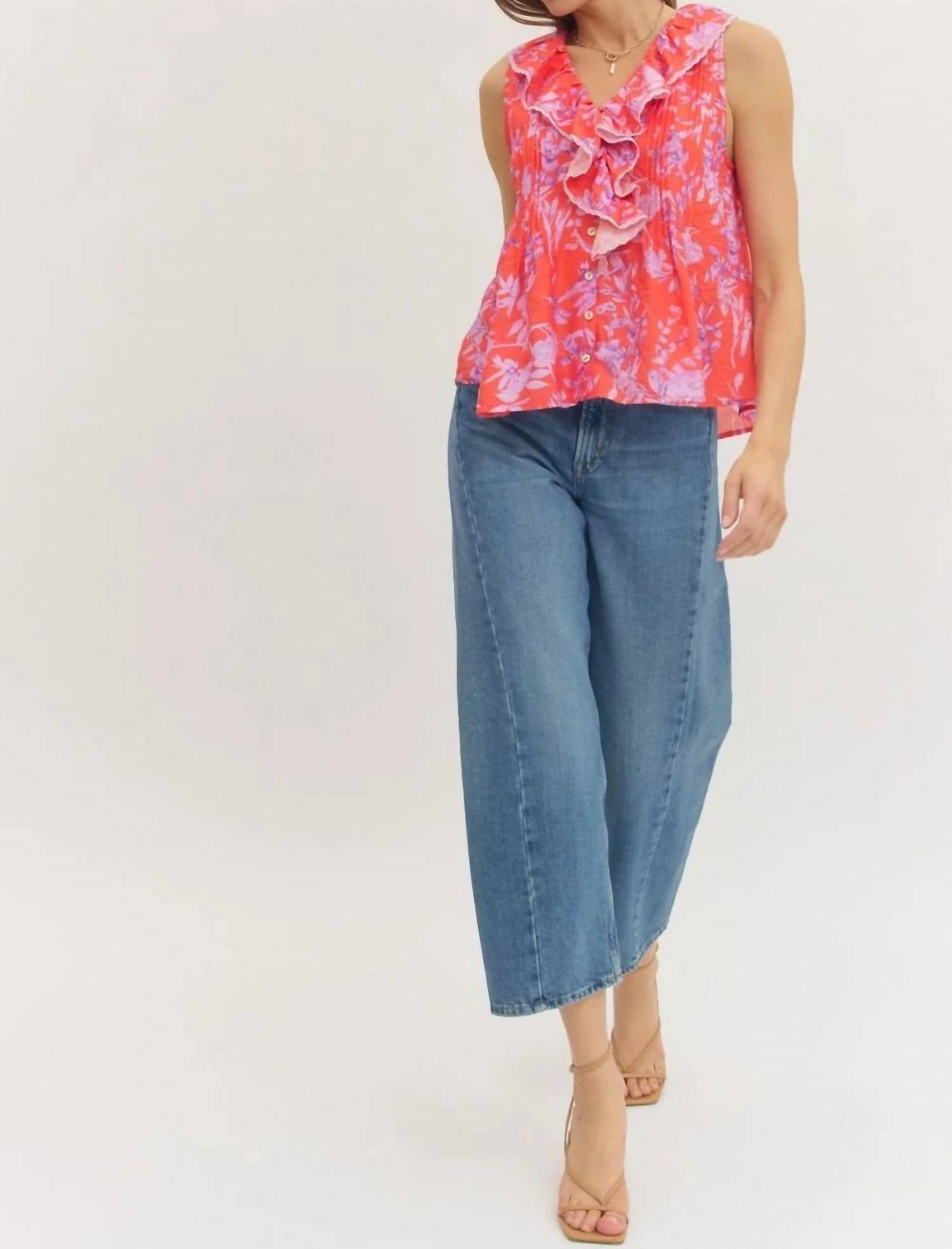 Entro - Botanical Ruffle V Neck Top