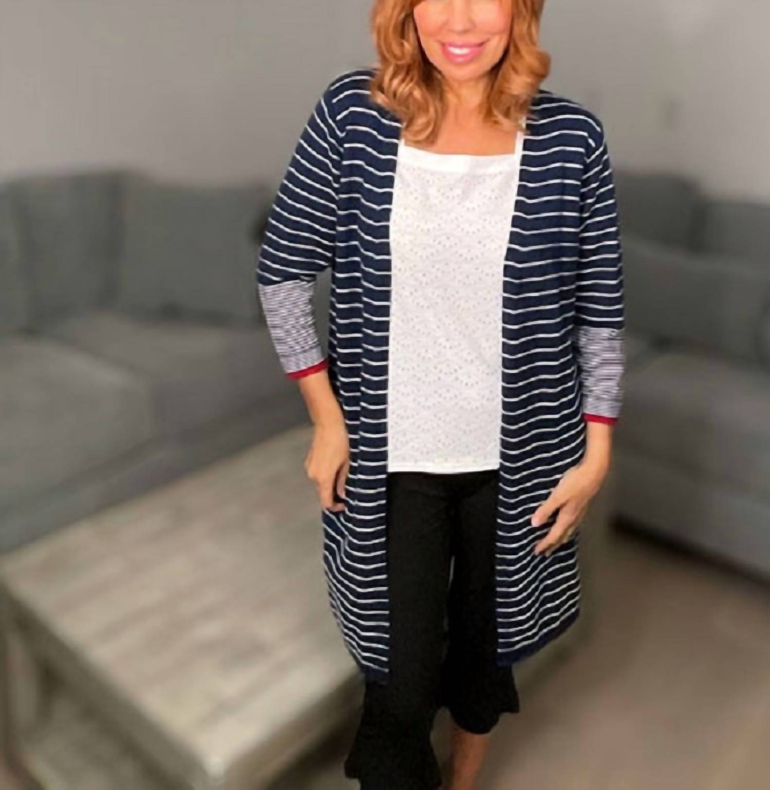 Ethyl Striped Cardigan Top in navy white - women's sweater