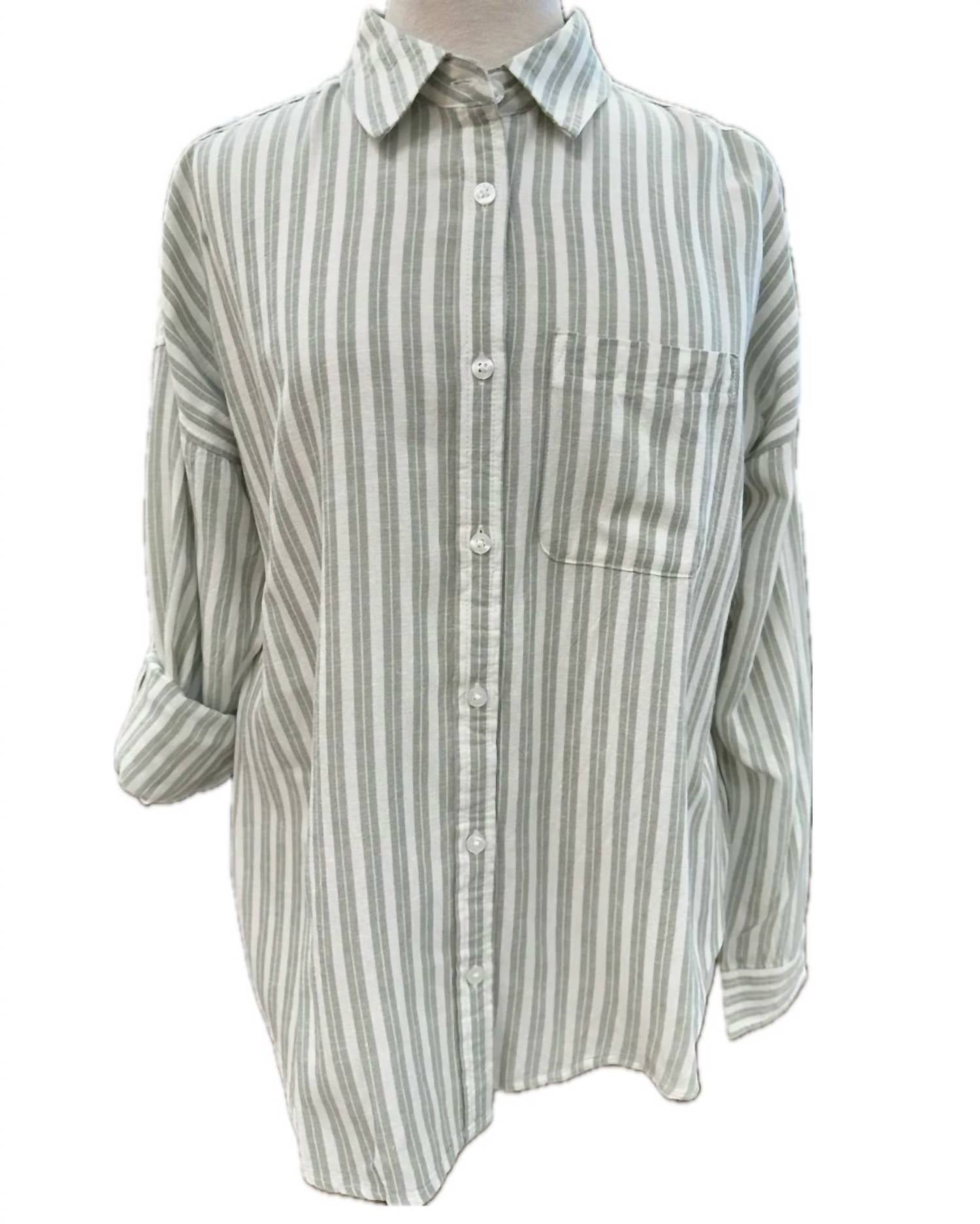 Flags & Anthem Women's Vienna Boyfriend Button Down Shirt in sage stripe - women's shirt