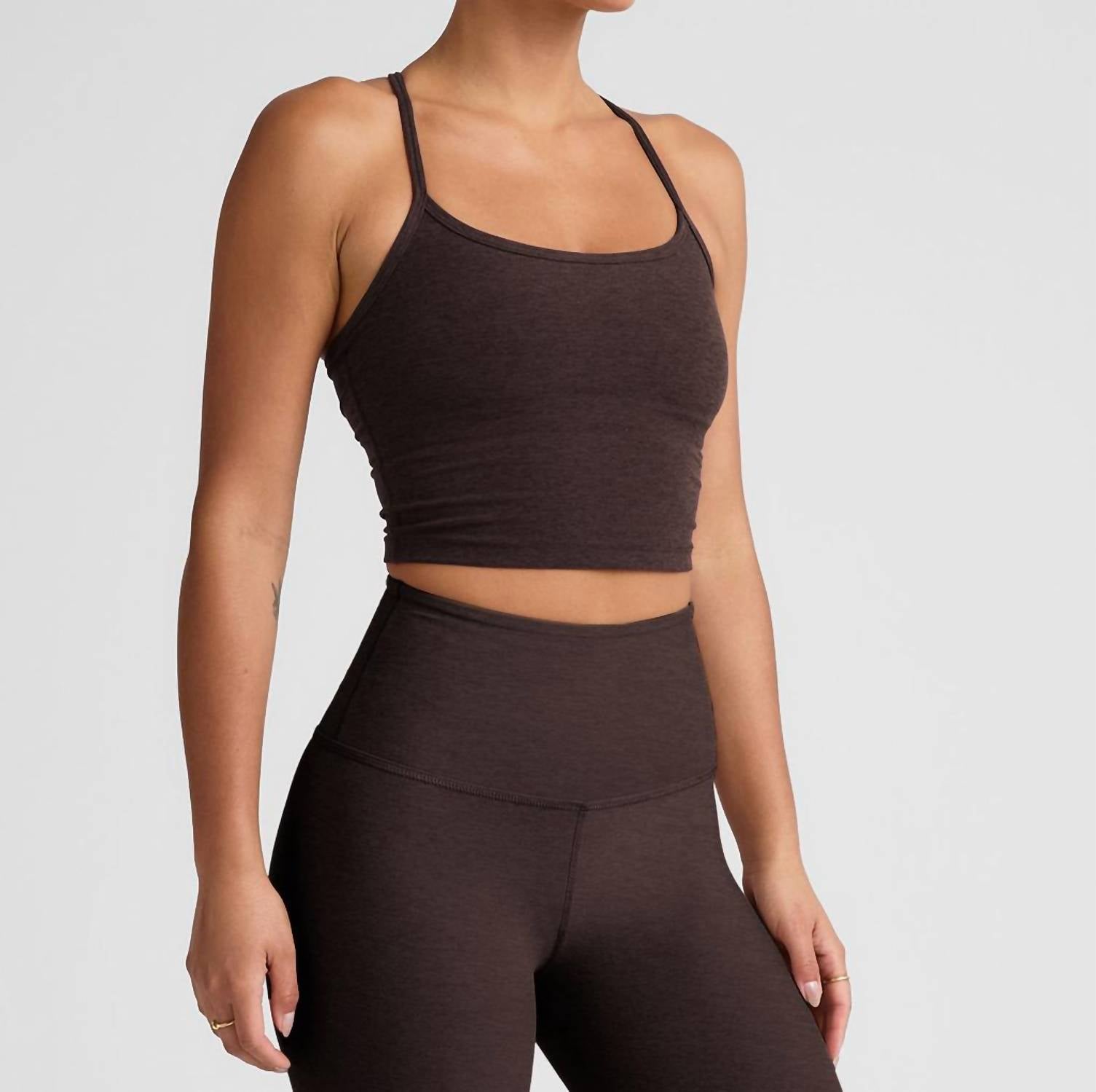 BEYOND YOGA Spacedye Slim Racerback Cropped Tank Top in dark chocolate heather - women's tank top - detail view