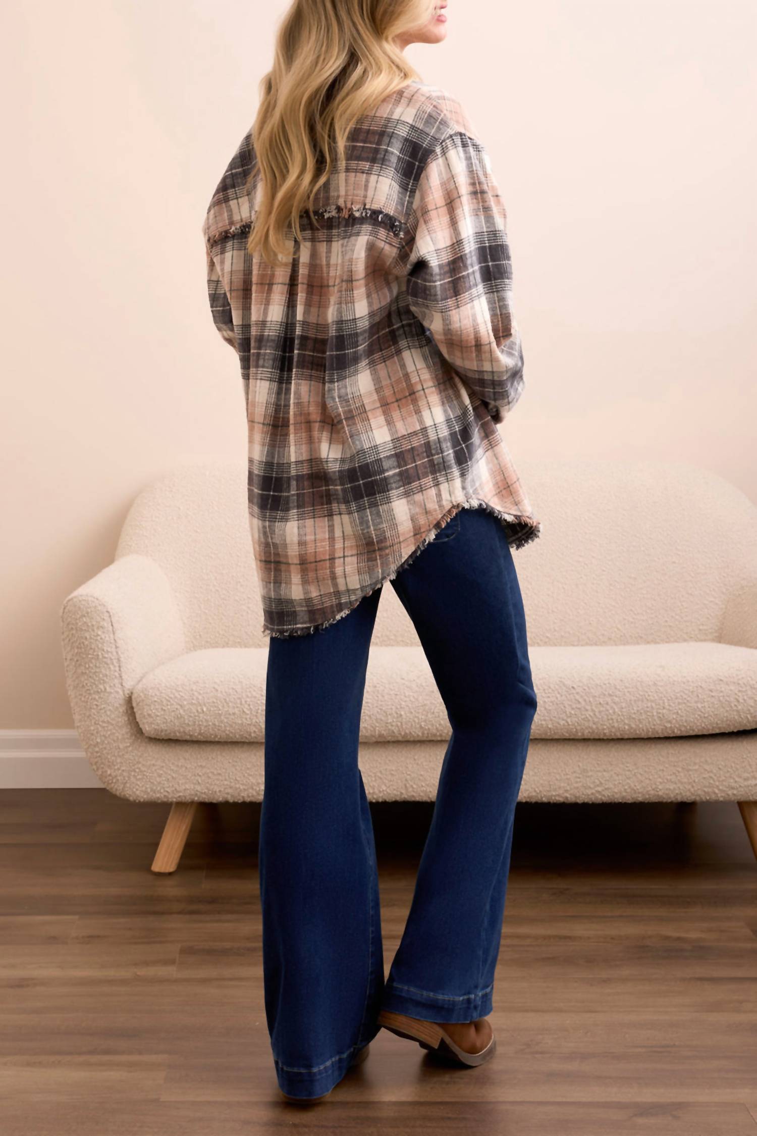TRIBAL Plaid With Fringe Hem Shirt in nordicstone - women's long sleeve top - detail view