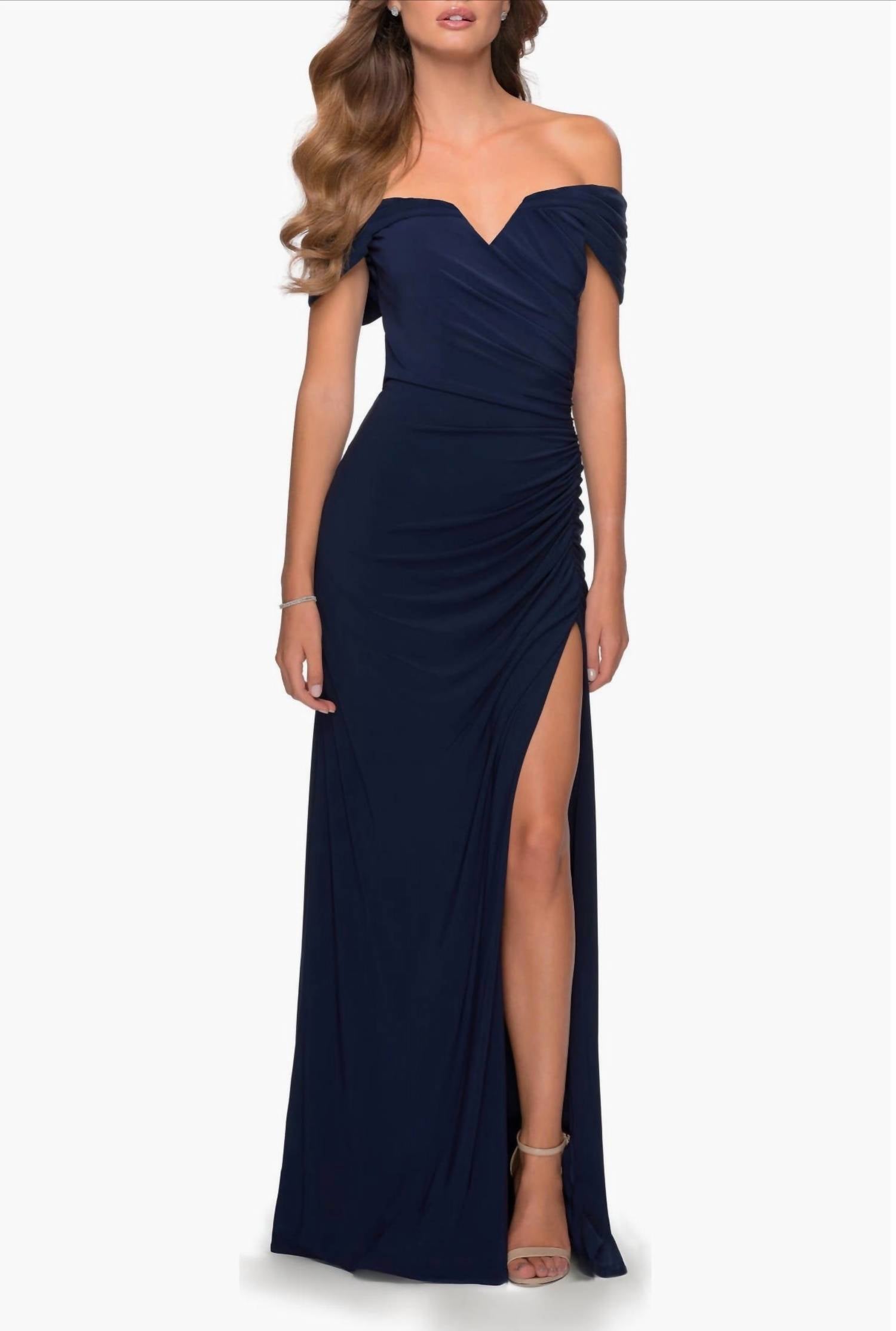 La Femme - Off The Shoulder Fully Ruched Floor Length Gown