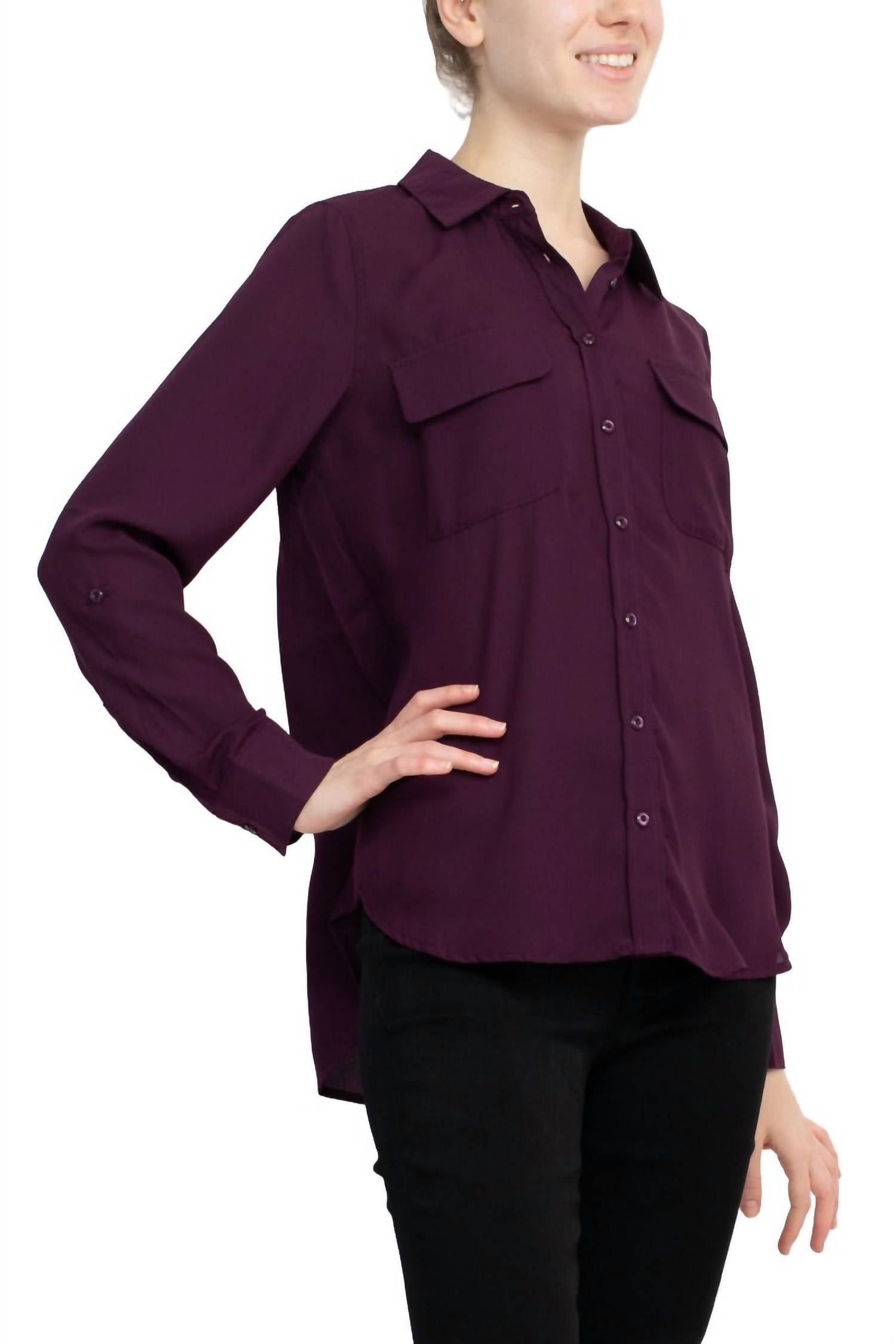 Magaschoni - Collar Neck Long Sleeves Front Button Detail Top