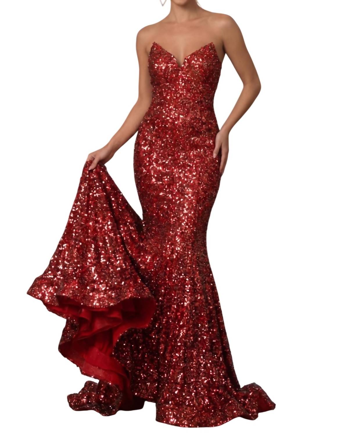 PORTIA&SCARLETT Strapless Fully Beaded Mermaid Prom Gown in red - women's dress
