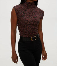 Michael Stars Amara Mock Neck Power Shoulder Top in espresso leopard - women's blouse - alternate view