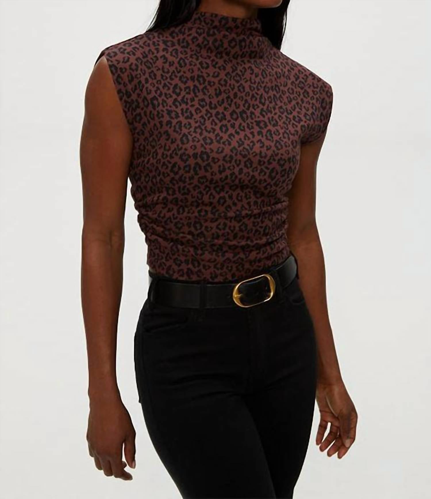 Michael Stars Amara Mock Neck Power Shoulder Top in espresso leopard - women's blouse - alternate view