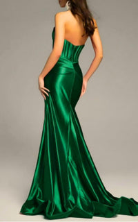 Jovani - Halter Satin Gown With Ruched Wrap Skirt