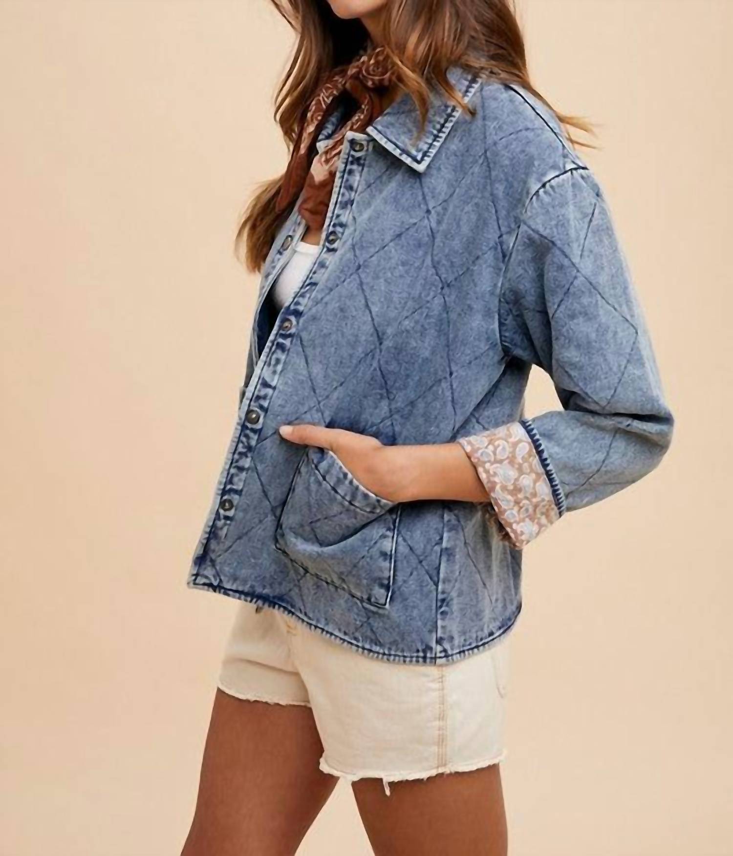 AnnieWear Contrast Lining Quilted Denim Jacket in blue - women's jacket - view 4