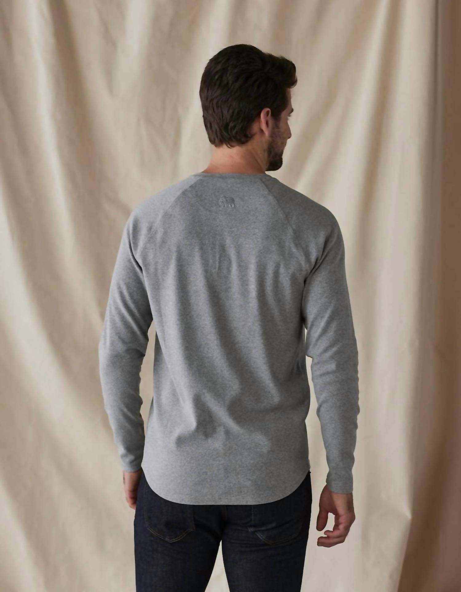 The Normal Brand Puremeso Everyday Henley Top - Plus in heather grey - men's long sleeve top - detail view