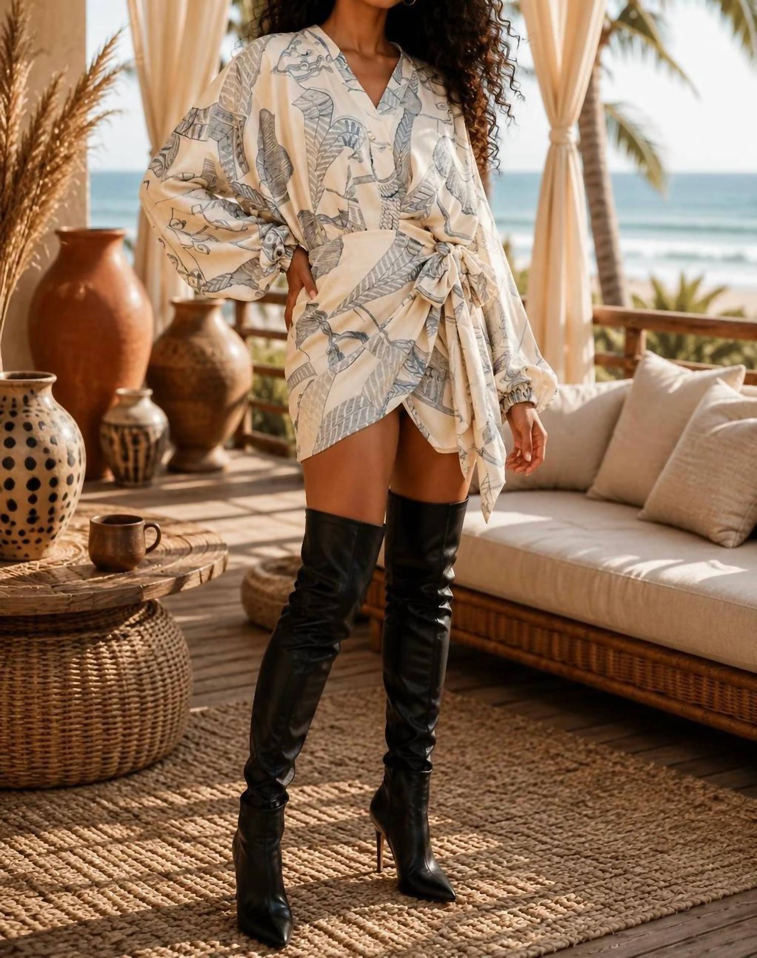 Surelymine - Santorini Escape Printed Wrap Mini Dress