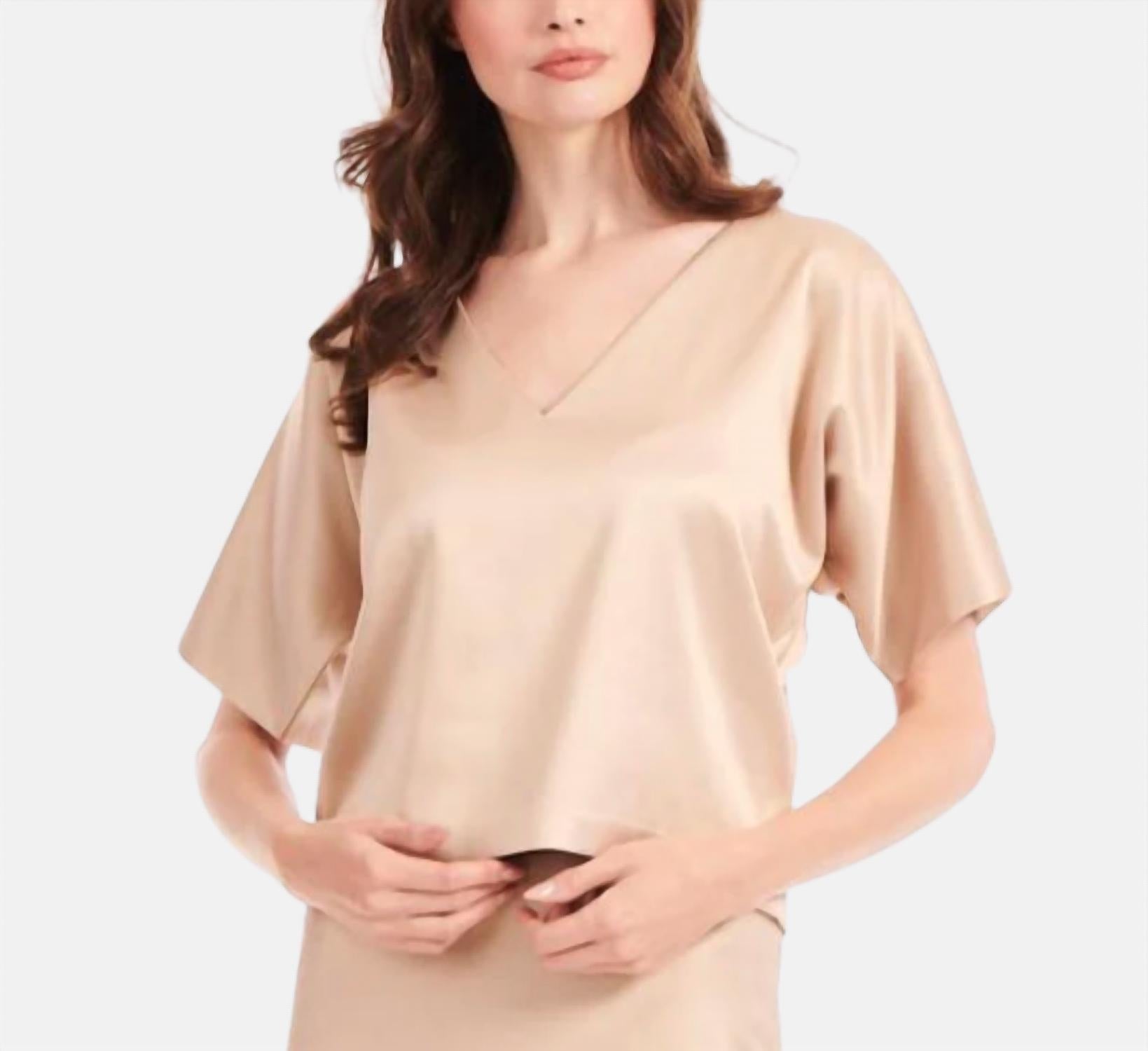 EMILY SHALANT Satin V Neck Dolman Top in bisque - women's blouse