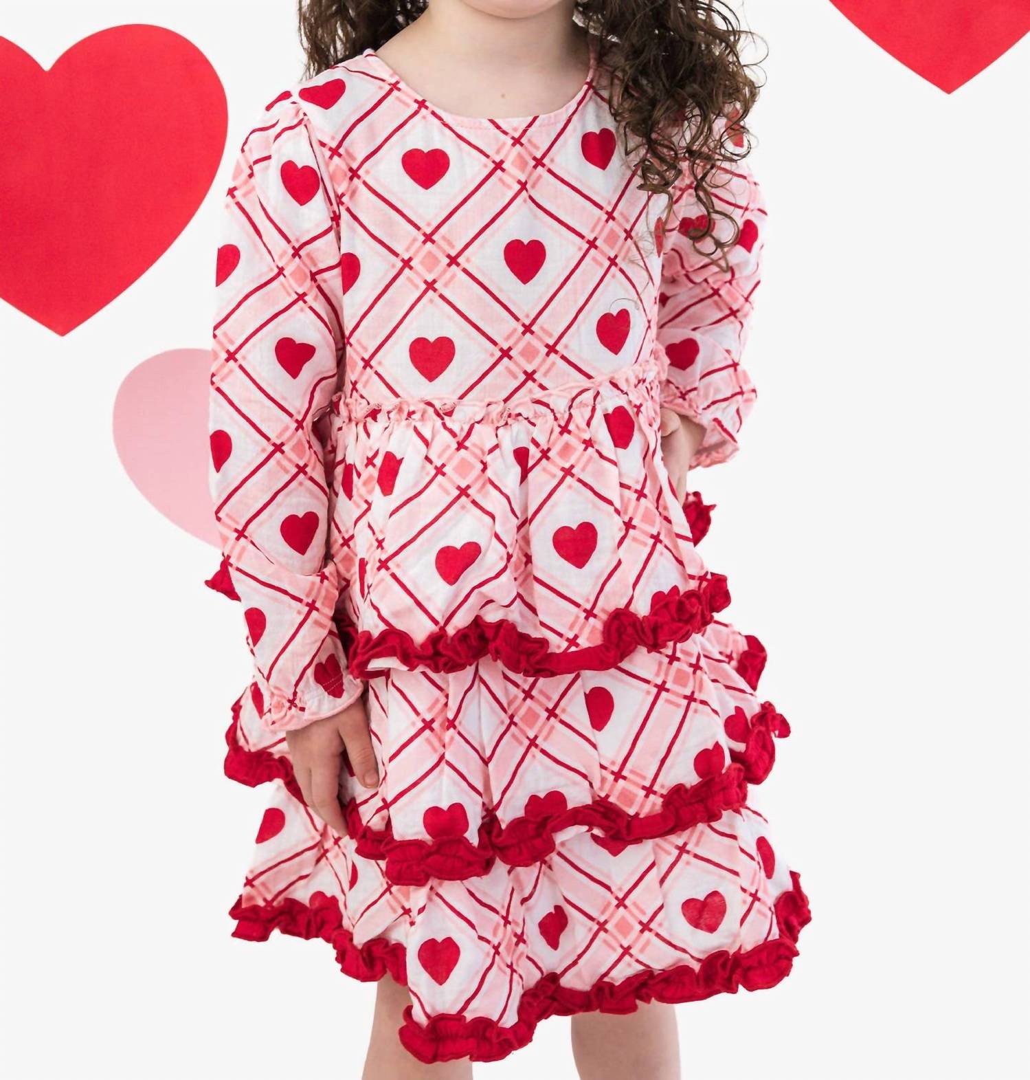 RuffleButts Girl's Sweetheart Plaid Gauze Tiered Ruffle Dress in pink - kids' dress - alternate view
