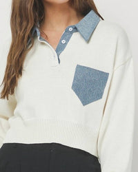 needii Jaden Polo Cropped Sweater in white blue - women's sweater - detail view