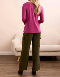 TRIBAL Scoop Neck Top with Side Slits in roseberry - women's long sleeve top - detail view