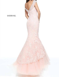 Sherri Hill Women's Beaded Lace Mermaid Gown in blush - women's dress - detail view