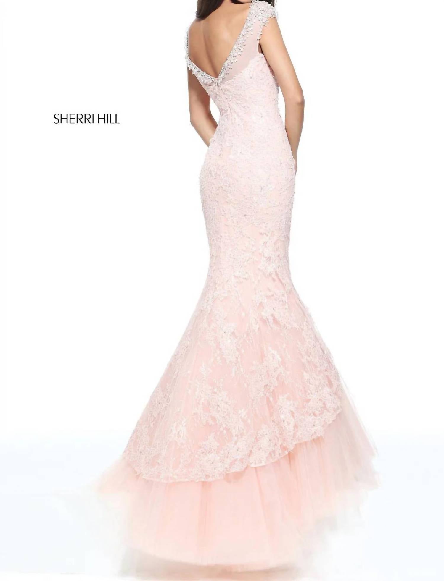 Sherri Hill Women's Beaded Lace Mermaid Gown in blush - women's dress - detail view