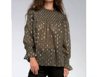 ELAN Smocked Top Foiled Blouse in black gold - women's blouse