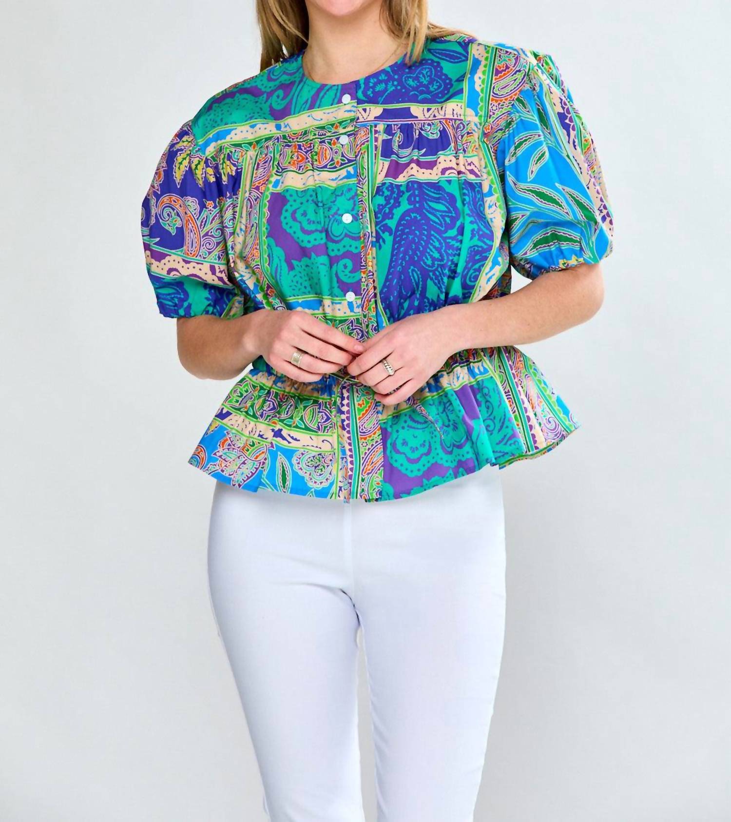SARA CAMPBELL Laguna Puff Sleeve Blouse in paisley tiles - women's blouse
