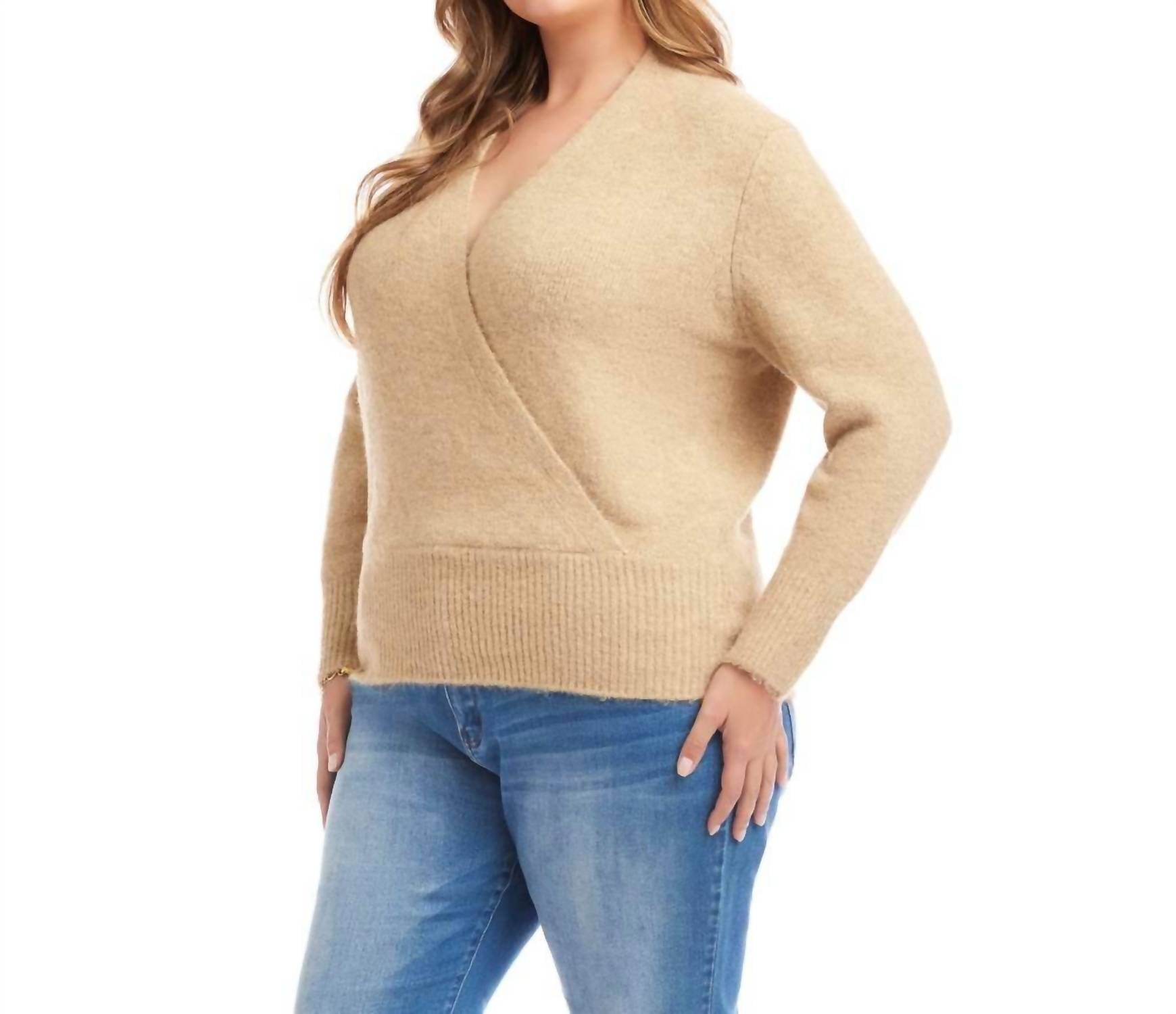 Karen Kane Wrap Sweater - Plus in wheat - women's sweater - detail view