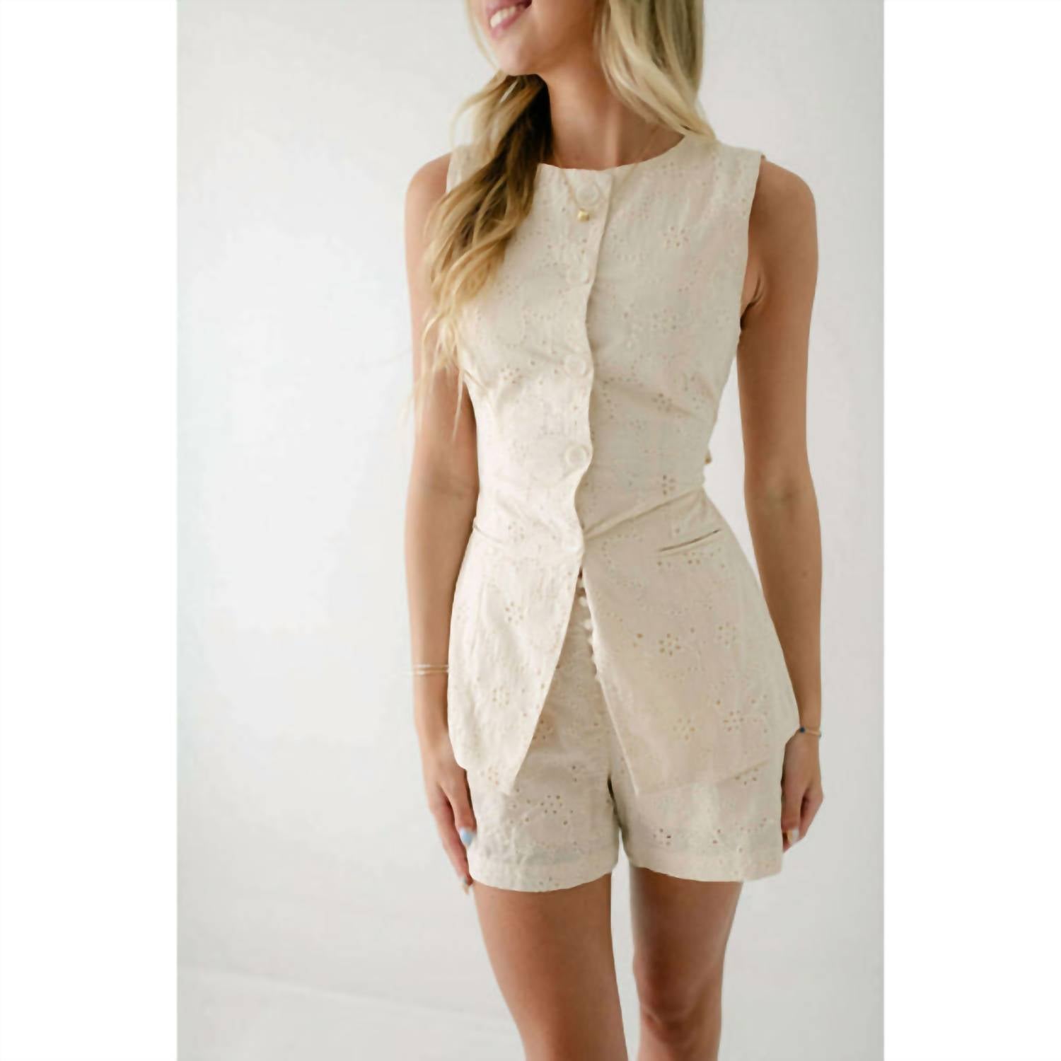 Karlie Neutral Eyelet Button Shorts in beige - women's shorts - detail view