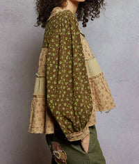 POL Pearl Studded Patch Work Top in olive green - women's blouse - detail view